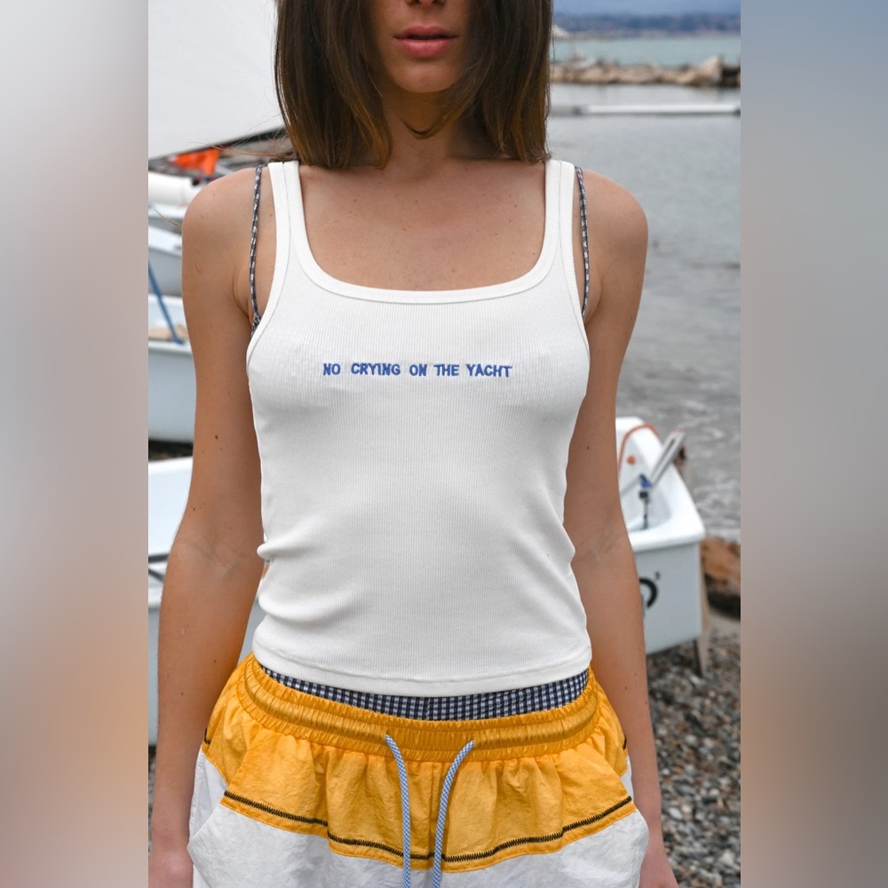 YLLW NO CRYING ON THE YACHT WHITE TANK TOP SLEEVELESS TEE SHIRT YELLOW THE LABEL